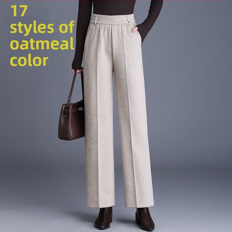 Pantaloni de damă drepți pentru toamnă-iarnă, talie înaltă, cu buzunare, țesătură țesută cu 70–80% lână, finisaj mercerizat.