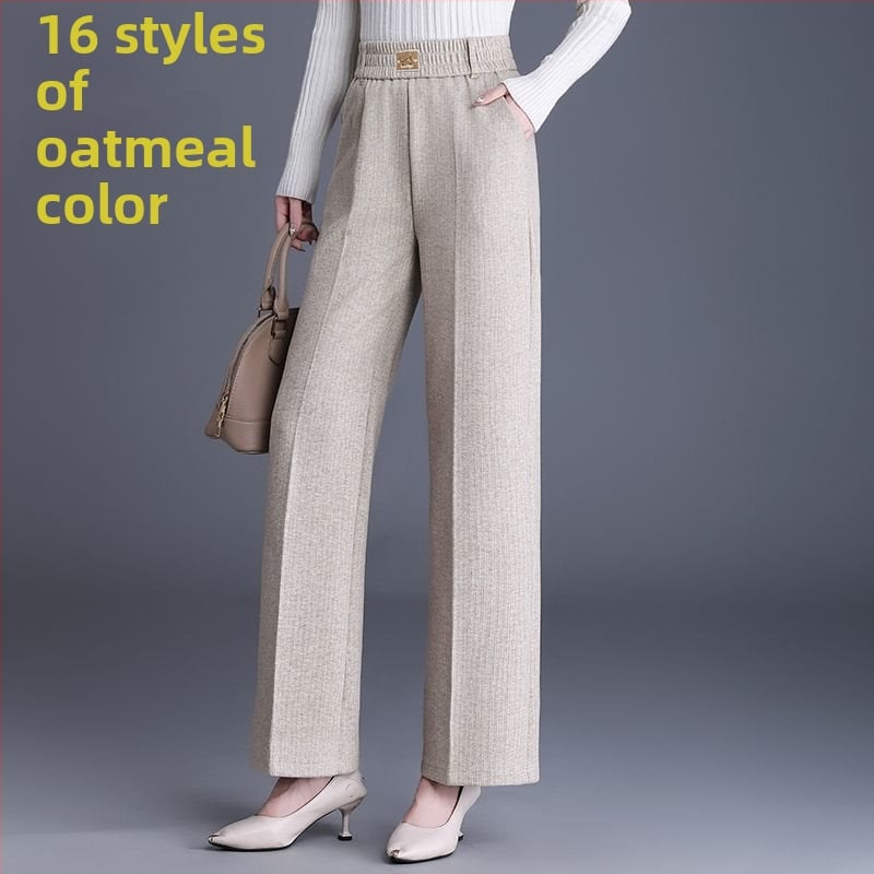 Pantaloni de damă drepți pentru toamnă-iarnă, talie înaltă, cu buzunare, țesătură țesută cu 70–80% lână, finisaj mercerizat.