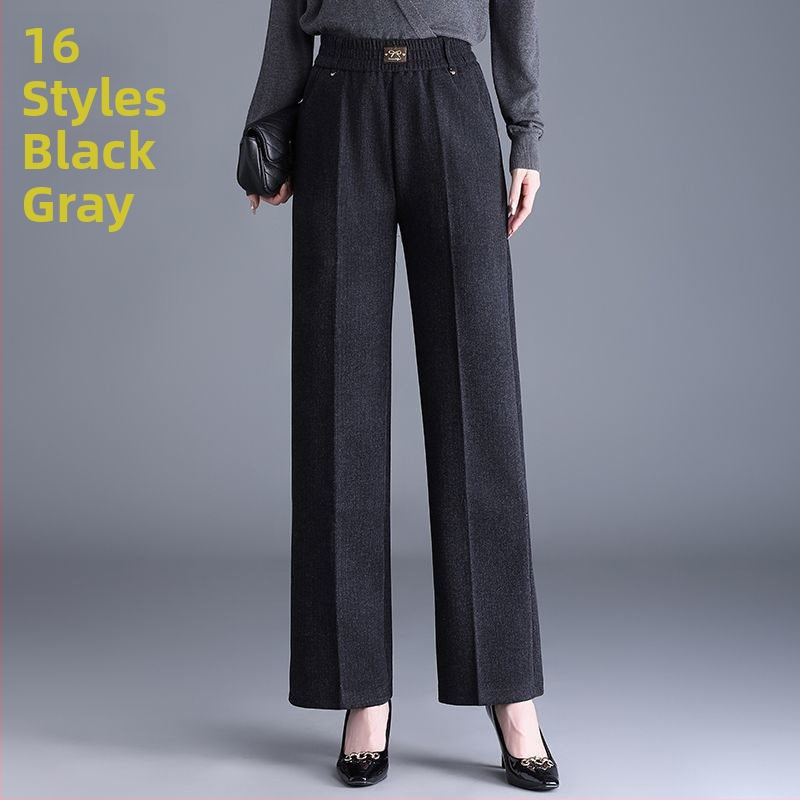 Pantaloni de damă drepți pentru toamnă-iarnă, talie înaltă, cu buzunare, țesătură țesută cu 70–80% lână, finisaj mercerizat.