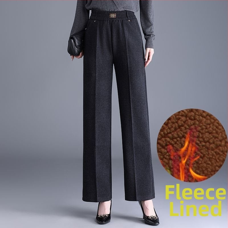 Pantaloni de damă drepți pentru toamnă-iarnă, talie înaltă, cu buzunare, țesătură țesută cu 70–80% lână, finisaj mercerizat.