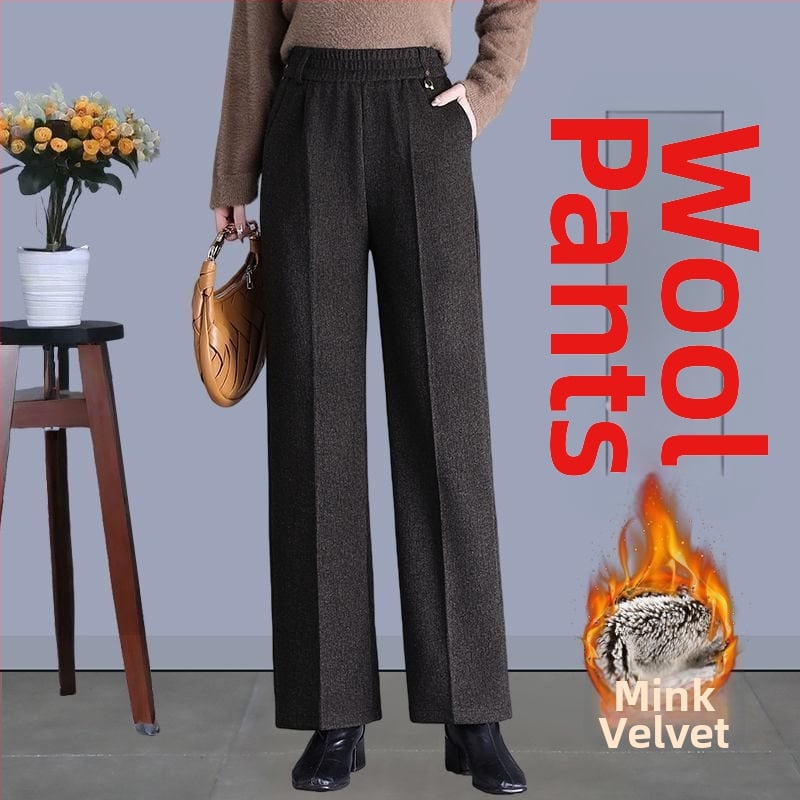 Pantaloni de damă drepți pentru toamnă-iarnă, talie înaltă, cu buzunare, țesătură țesută cu 70–80% lână, finisaj mercerizat.