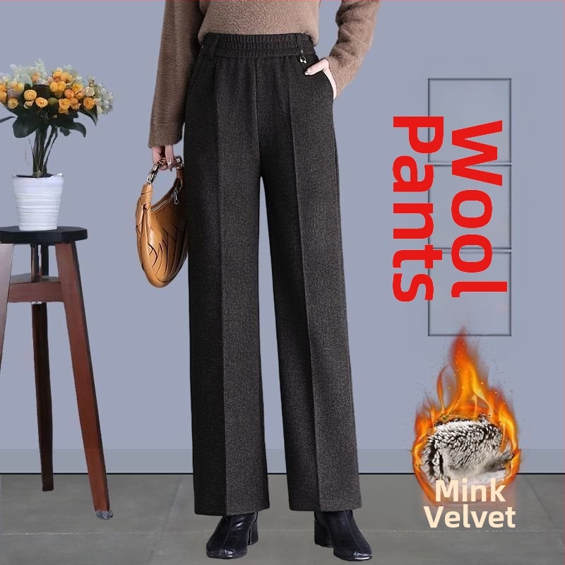 Pantaloni de damă drepți pentru toamnă-iarnă, talie înaltă, cu buzunare, țesătură țesută cu 70–80% lână, finisaj mercerizat.