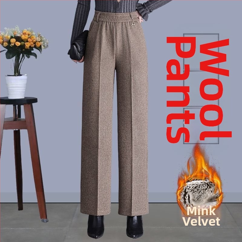 Pantaloni de damă drepți pentru toamnă-iarnă, talie înaltă, cu buzunare, țesătură țesută cu 70–80% lână, finisaj mercerizat.