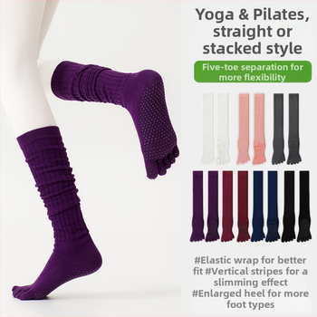 Чорапи за йога с пет пръста, дълги до прасеца, памук, антихлъзгащи, безшевни пръсти