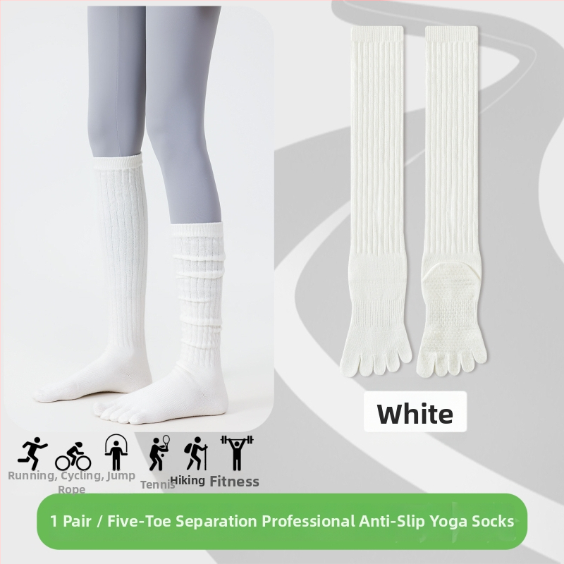 Чорапи за йога с пет пръста, дълги до прасеца, памук, антихлъзгащи, безшевни пръсти