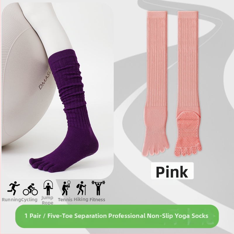Чорапи за йога с пет пръста, дълги до прасеца, памук, антихлъзгащи, безшевни пръсти