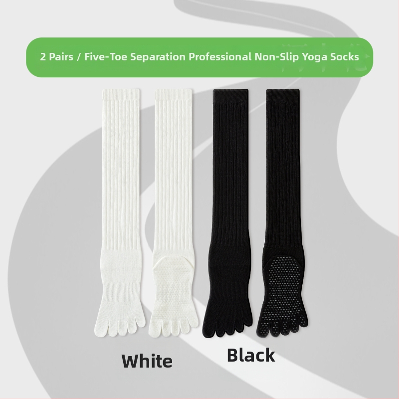Чорапи за йога с пет пръста, дълги до прасеца, памук, антихлъзгащи, безшевни пръсти