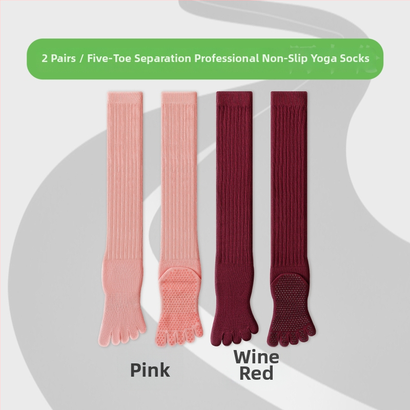 Чорапи за йога с пет пръста, дълги до прасеца, памук, антихлъзгащи, безшевни пръсти