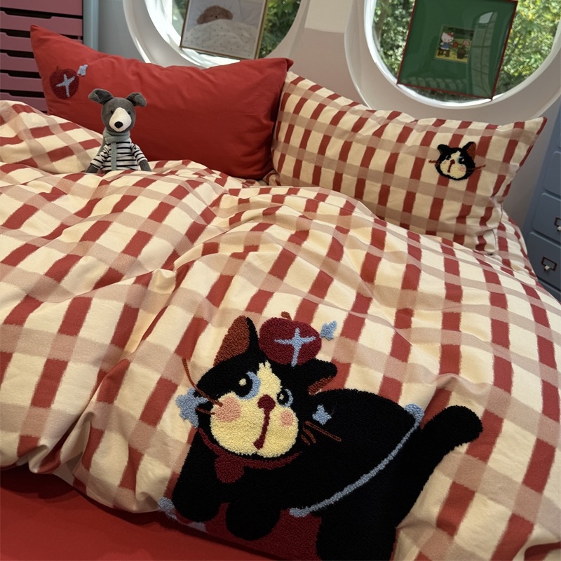Xinnuofan Set pat cu temă pisică, 4 piese, 100% bumbac, imprimare reactive, greutate 2000–2500 g, potrivit pentru toate sezoanele