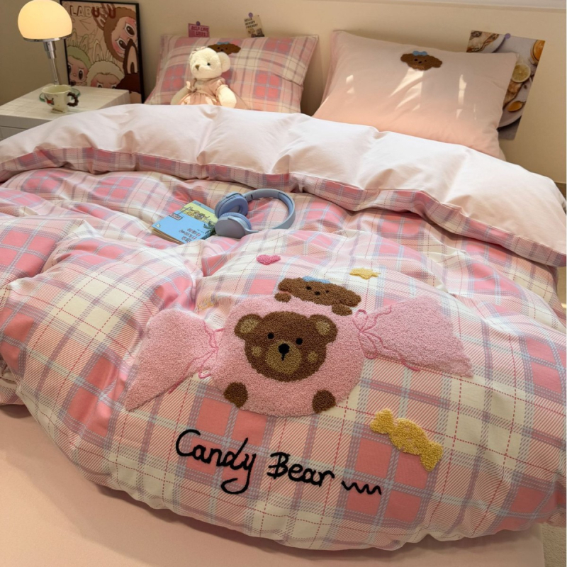 Xinnuofan Set pat cu temă pisică, 4 piese, 100% bumbac, imprimare reactive, greutate 2000–2500 g, potrivit pentru toate sezoanele