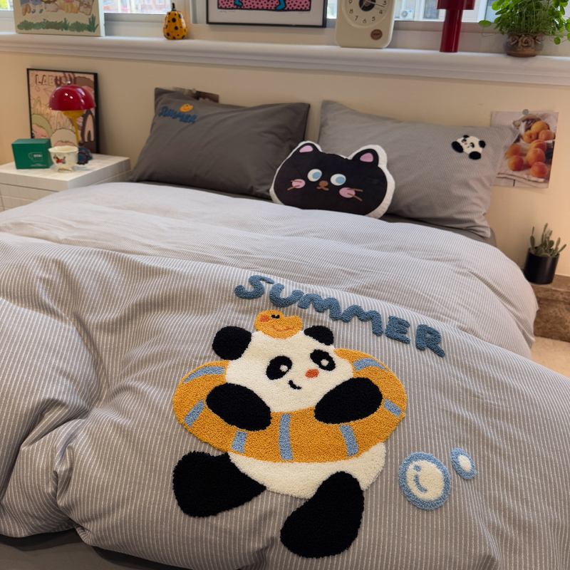 Xinnuofan Set pat cu temă pisică, 4 piese, 100% bumbac, imprimare reactive, greutate 2000–2500 g, potrivit pentru toate sezoanele