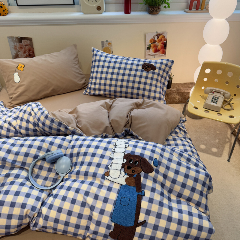 Xinnuofan Set pat cu temă pisică, 4 piese, 100% bumbac, imprimare reactive, greutate 2000–2500 g, potrivit pentru toate sezoanele