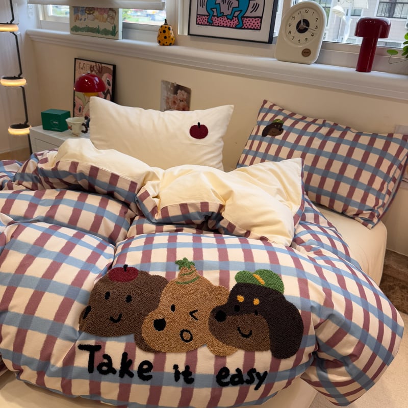 Xinnuofan Set pat cu temă pisică, 4 piese, 100% bumbac, imprimare reactive, greutate 2000–2500 g, potrivit pentru toate sezoanele