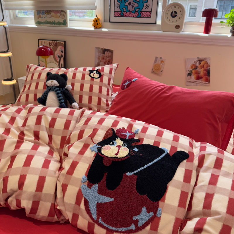 Xinnuofan Set pat cu temă pisică, 4 piese, 100% bumbac, imprimare reactive, greutate 2000–2500 g, potrivit pentru toate sezoanele