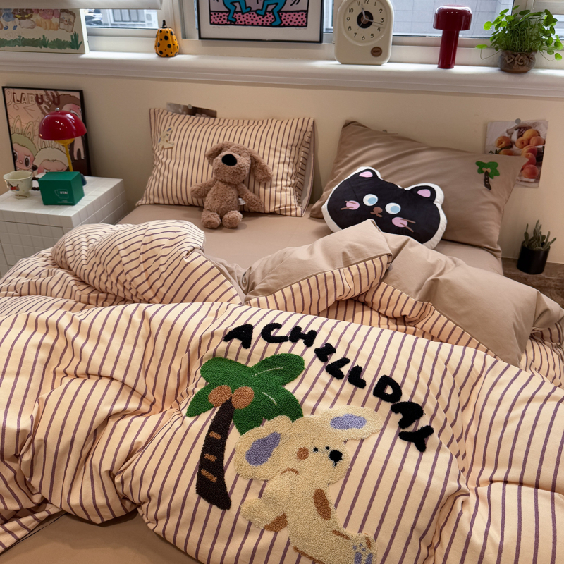 Xinnuofan Set pat cu temă pisică, 4 piese, 100% bumbac, imprimare reactive, greutate 2000–2500 g, potrivit pentru toate sezoanele