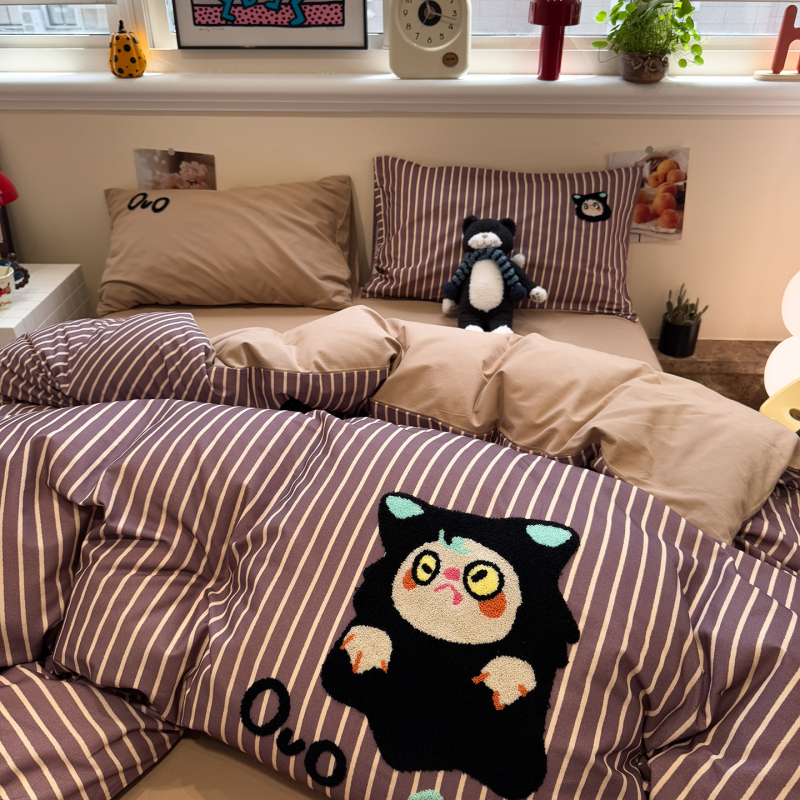 Xinnuofan Set pat cu temă pisică, 4 piese, 100% bumbac, imprimare reactive, greutate 2000–2500 g, potrivit pentru toate sezoanele