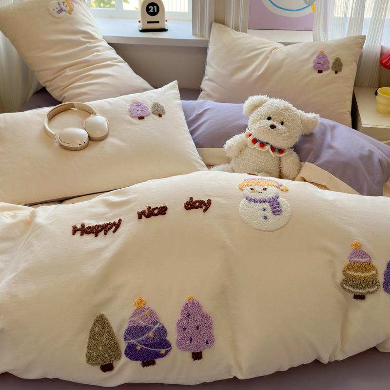 Xinnuofan Set pat cu temă pisică, 4 piese, 100% bumbac, imprimare reactive, greutate 2000–2500 g, potrivit pentru toate sezoanele