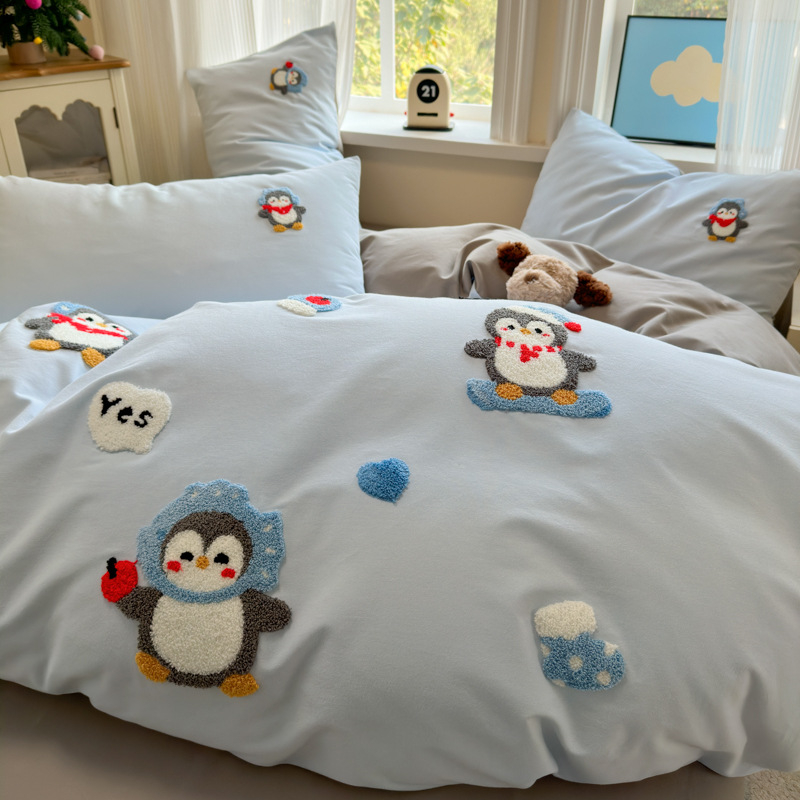 Xinnuofan Set pat cu temă pisică, 4 piese, 100% bumbac, imprimare reactive, greutate 2000–2500 g, potrivit pentru toate sezoanele