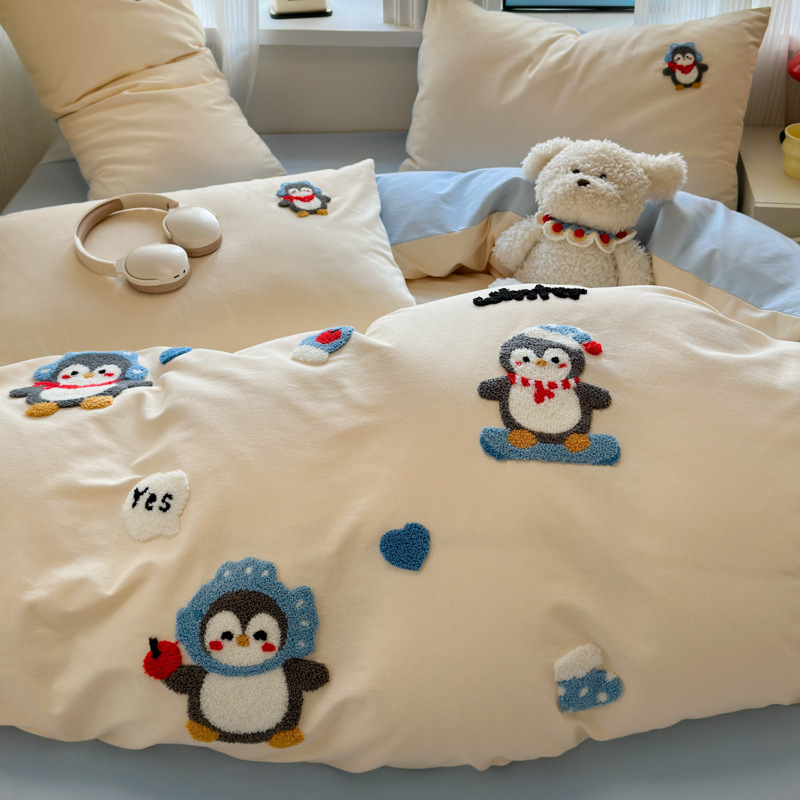 Xinnuofan Set pat cu temă pisică, 4 piese, 100% bumbac, imprimare reactive, greutate 2000–2500 g, potrivit pentru toate sezoanele