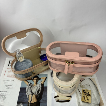 Geantă de machiaj cu capacitate mare, transparentă, potrivită pentru călătorii, multifuncțională (material PU, impermeabilă, antibacteriană, despărțire uscat/umed, fermoar)
