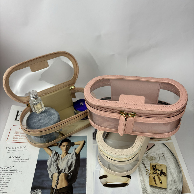 Geantă de machiaj cu capacitate mare, transparentă, potrivită pentru călătorii, multifuncțională (material PU, impermeabilă, antibacteriană, despărțire uscat/umed, fermoar)