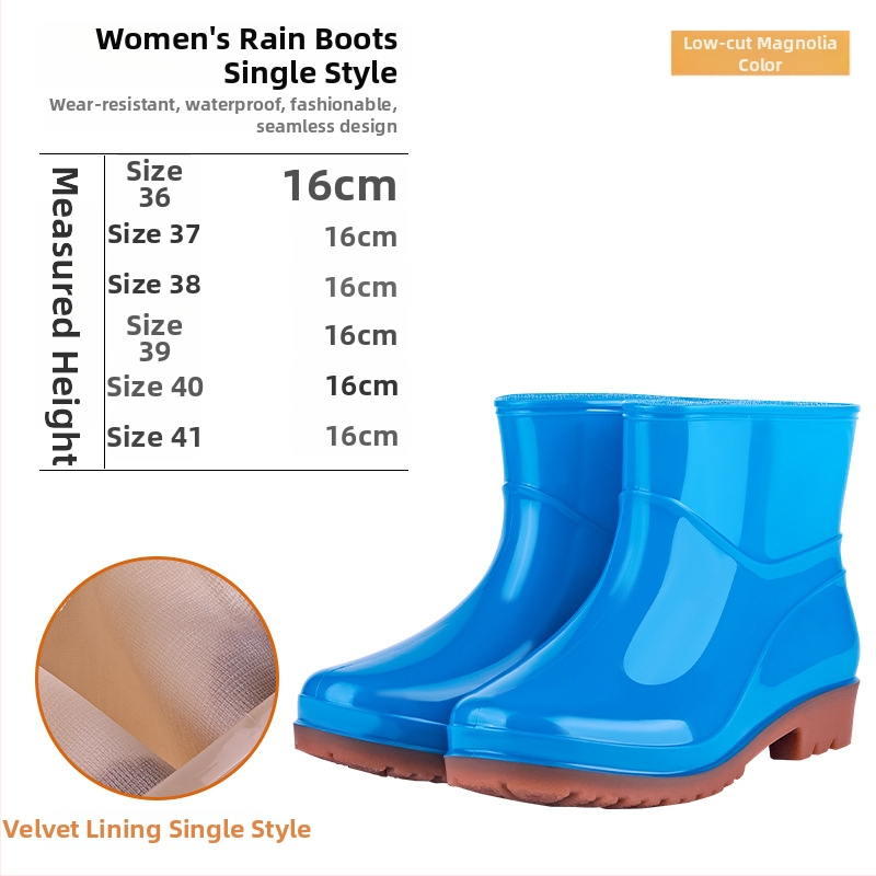 Γυναικείες PVC γαλότσες βροχής – χαμηλός σωλήνας, χαμηλή φτέρνα 1–3 cm, όλο το χρόνο, καθημερινό στυλ.