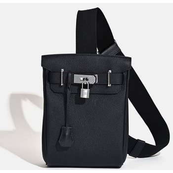 Geantă unisex pentru piept din piele naturală, cu capac, închidere cu lacăt, buzunar cu fermoar, căptușeală din piele, stil urban minimalist