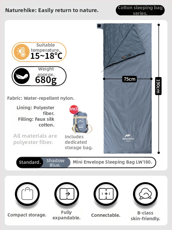 Spací vak proti špine pre dospelých, nylonový plášť, výplň z imitácie hodvábneho bavlneného textilu, štýl obálky, ľahký 0.68 kg