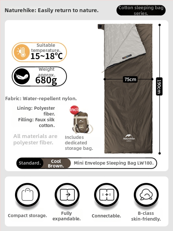 Spací vak proti špine pre dospelých, nylonový plášť, výplň z imitácie hodvábneho bavlneného textilu, štýl obálky, ľahký 0.68 kg