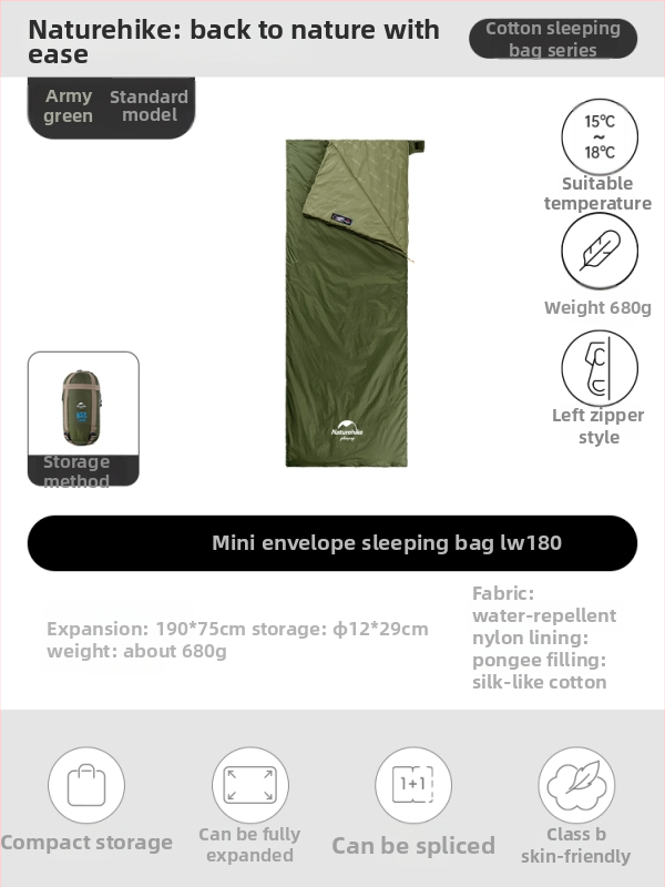 Spací vak proti špine pre dospelých, nylonový plášť, výplň z imitácie hodvábneho bavlneného textilu, štýl obálky, ľahký 0.68 kg