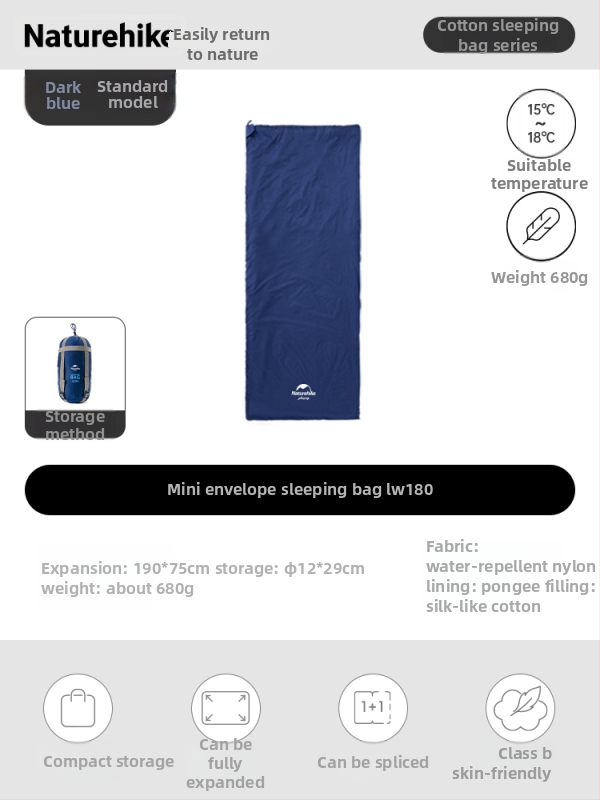 Spací vak proti špine pre dospelých, nylonový plášť, výplň z imitácie hodvábneho bavlneného textilu, štýl obálky, ľahký 0.68 kg