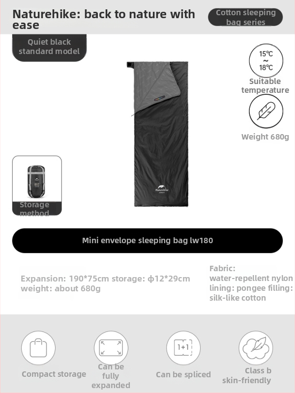 Spací vak proti špine pre dospelých, nylonový plášť, výplň z imitácie hodvábneho bavlneného textilu, štýl obálky, ľahký 0.68 kg