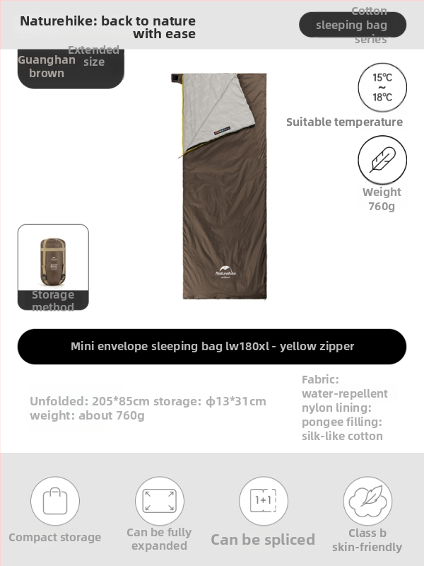 Spací vak proti špine pre dospelých, nylonový plášť, výplň z imitácie hodvábneho bavlneného textilu, štýl obálky, ľahký 0.68 kg