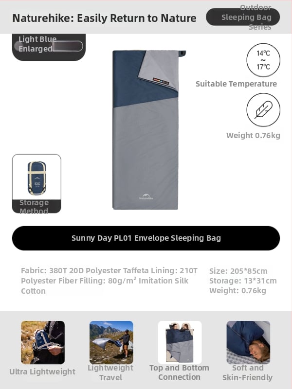 Spací vak proti špine pre dospelých, nylonový plášť, výplň z imitácie hodvábneho bavlneného textilu, štýl obálky, ľahký 0.68 kg