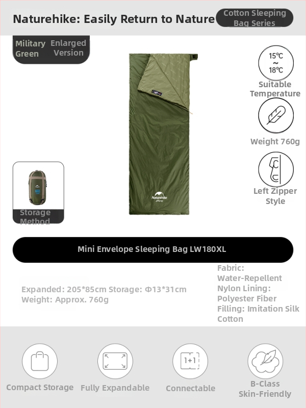 Spací vak proti špine pre dospelých, nylonový plášť, výplň z imitácie hodvábneho bavlneného textilu, štýl obálky, ľahký 0.68 kg