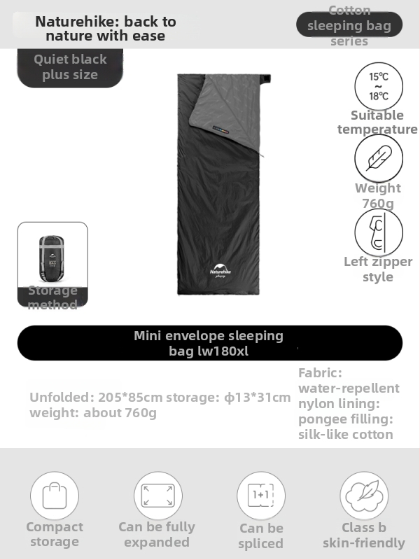 Spací vak proti špine pre dospelých, nylonový plášť, výplň z imitácie hodvábneho bavlneného textilu, štýl obálky, ľahký 0.68 kg