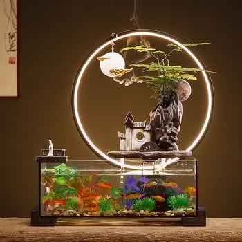 Kerámia asztali aranyhalas akvárium önkeringő szökőkúttal, kézzel készített, Új kínai stílusú, irodai dekoráció, ajándék