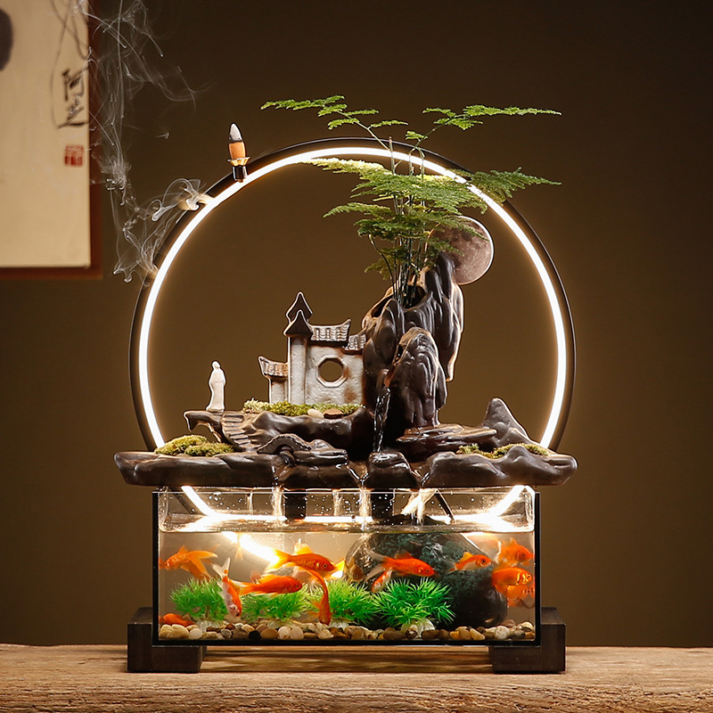Kerámia asztali aranyhalas akvárium önkeringő szökőkúttal, kézzel készített, Új kínai stílusú, irodai dekoráció, ajándék
