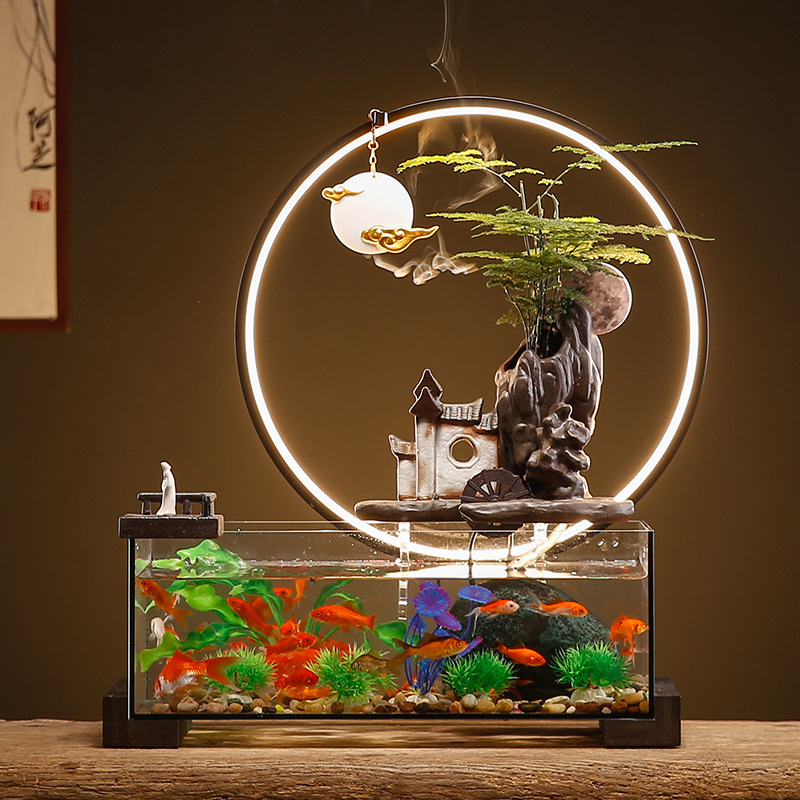 Kerámia asztali aranyhalas akvárium önkeringő szökőkúttal, kézzel készített, Új kínai stílusú, irodai dekoráció, ajándék