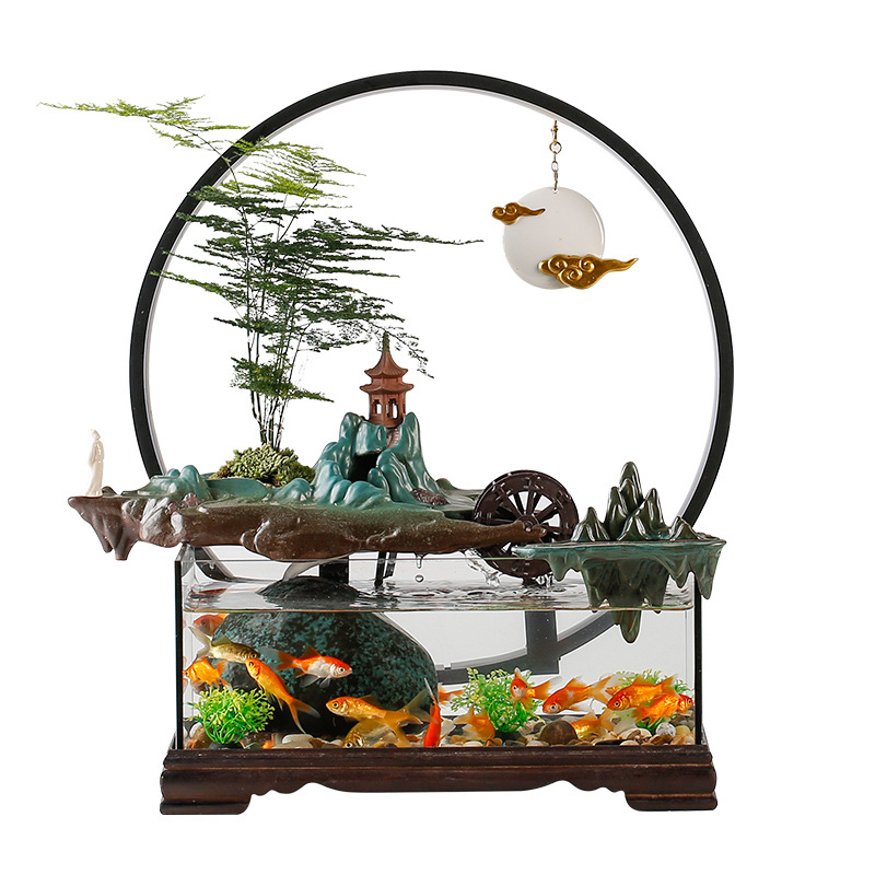 Kerámia asztali aranyhalas akvárium önkeringő szökőkúttal, kézzel készített, Új kínai stílusú, irodai dekoráció, ajándék