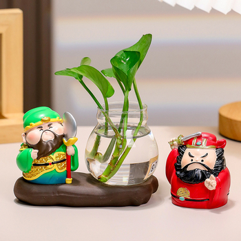 Decorațiune de birou din rășină Zhong Kui, cu vază hidroponică și cei cinci zei ai bogăției