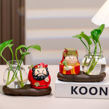Decorațiune de birou din rășină Zhong Kui, cu vază hidroponică și cei cinci zei ai bogăției