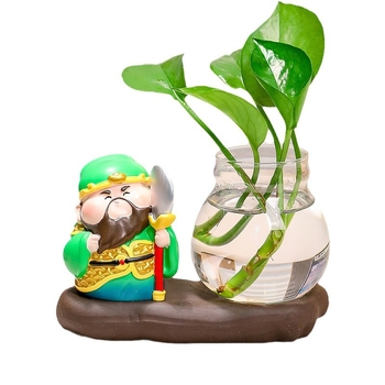 Decorațiune de birou din rășină Zhong Kui, cu vază hidroponică și cei cinci zei ai bogăției