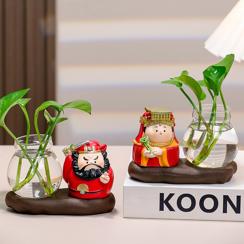 Decorațiune de birou din rășină Zhong Kui, cu vază hidroponică și cei cinci zei ai bogăției