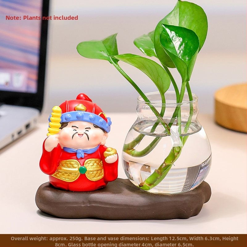 Decorațiune de birou din rășină Zhong Kui, cu vază hidroponică și cei cinci zei ai bogăției