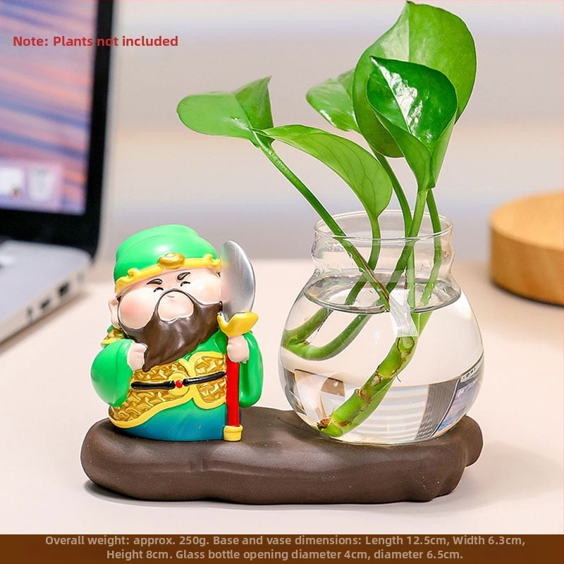 Decorațiune de birou din rășină Zhong Kui, cu vază hidroponică și cei cinci zei ai bogăției