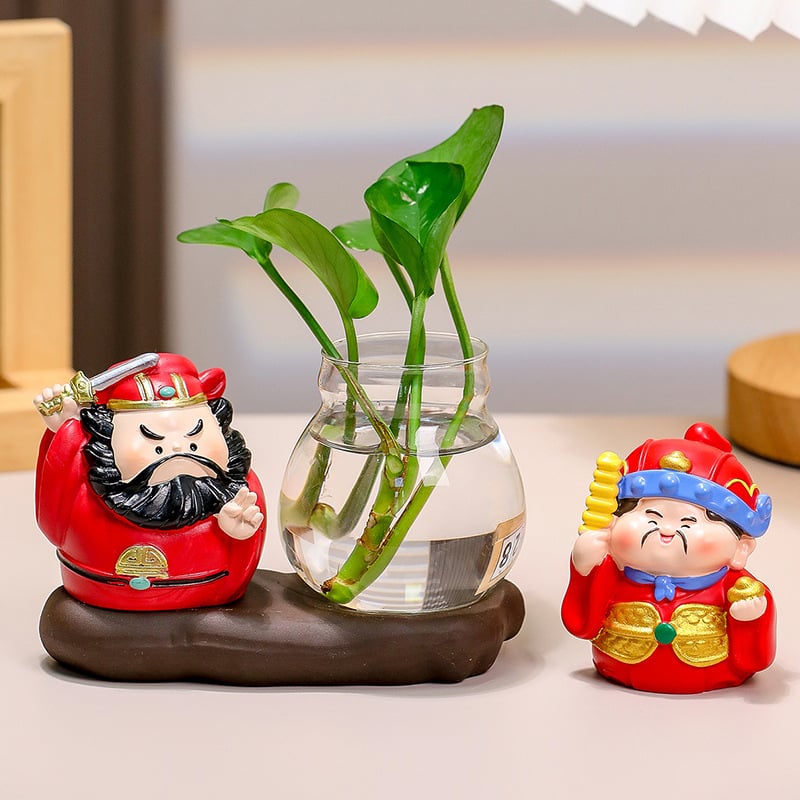 Decorațiune de birou din rășină Zhong Kui, cu vază hidroponică și cei cinci zei ai bogăției