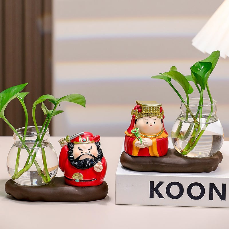 Decorațiune de birou din rășină Zhong Kui, cu vază hidroponică și cei cinci zei ai bogăției