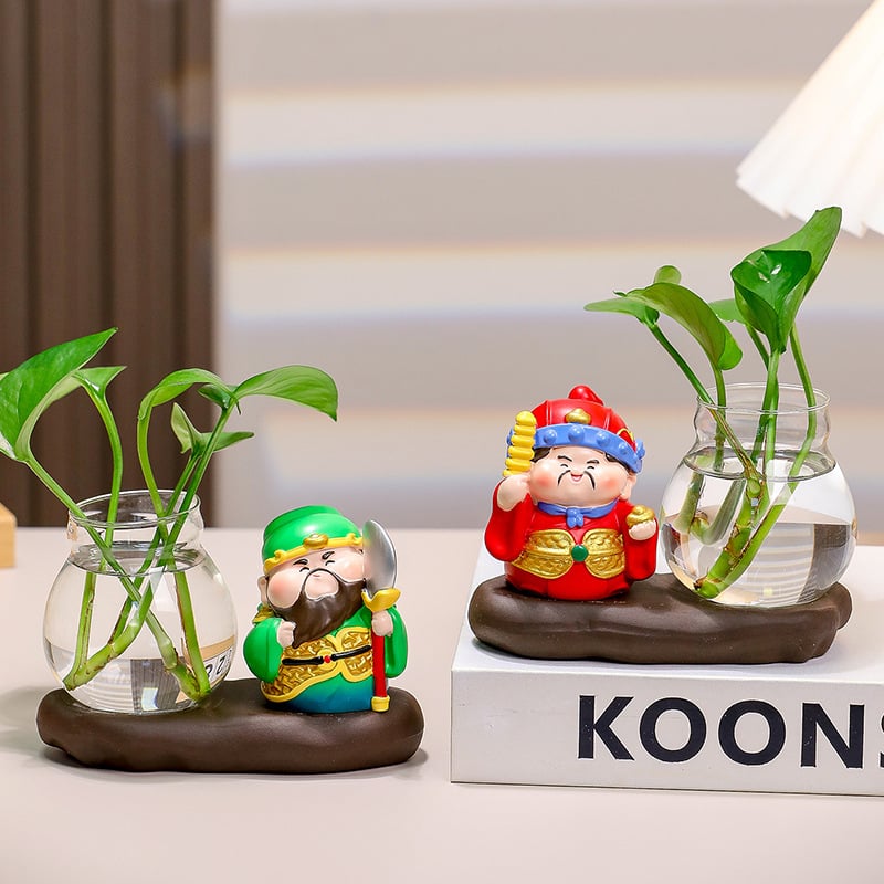 Decorațiune de birou din rășină Zhong Kui, cu vază hidroponică și cei cinci zei ai bogăției