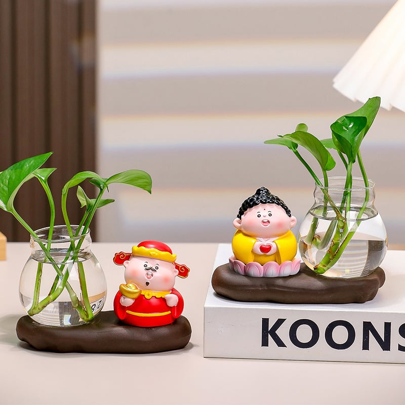 Decorațiune de birou din rășină Zhong Kui, cu vază hidroponică și cei cinci zei ai bogăției